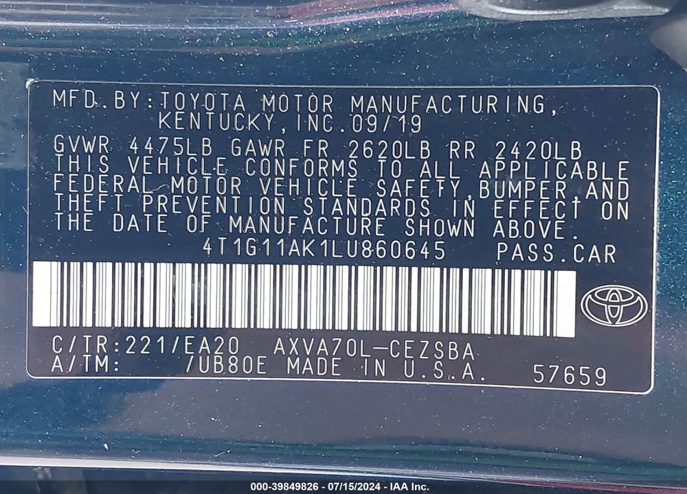 2020 TOYOTA CAMRY SE VIN: 4T1G11AK1LU860645
