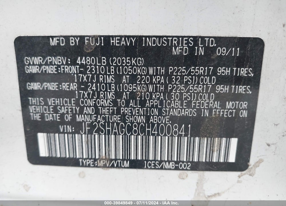 2012 SUBARU FORESTER VIN: JF2SHAGC8CH400841