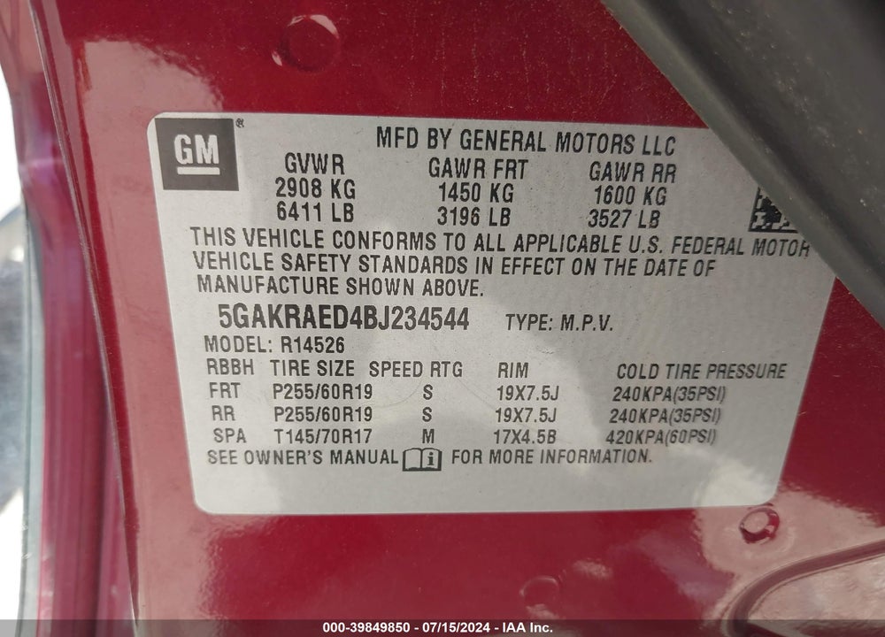 2011 BUICK ENCLAVE CX VIN: 5GAKRAED4BJ234544