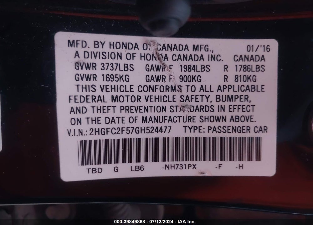2016 HONDA CIVIC LX VIN: 2HGFC2F57GH524477