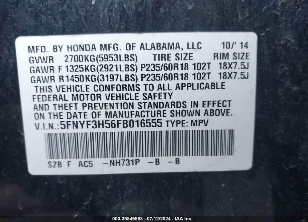 2015 HONDA PILOT EX-L VIN: 5FNYF3H56FB016555