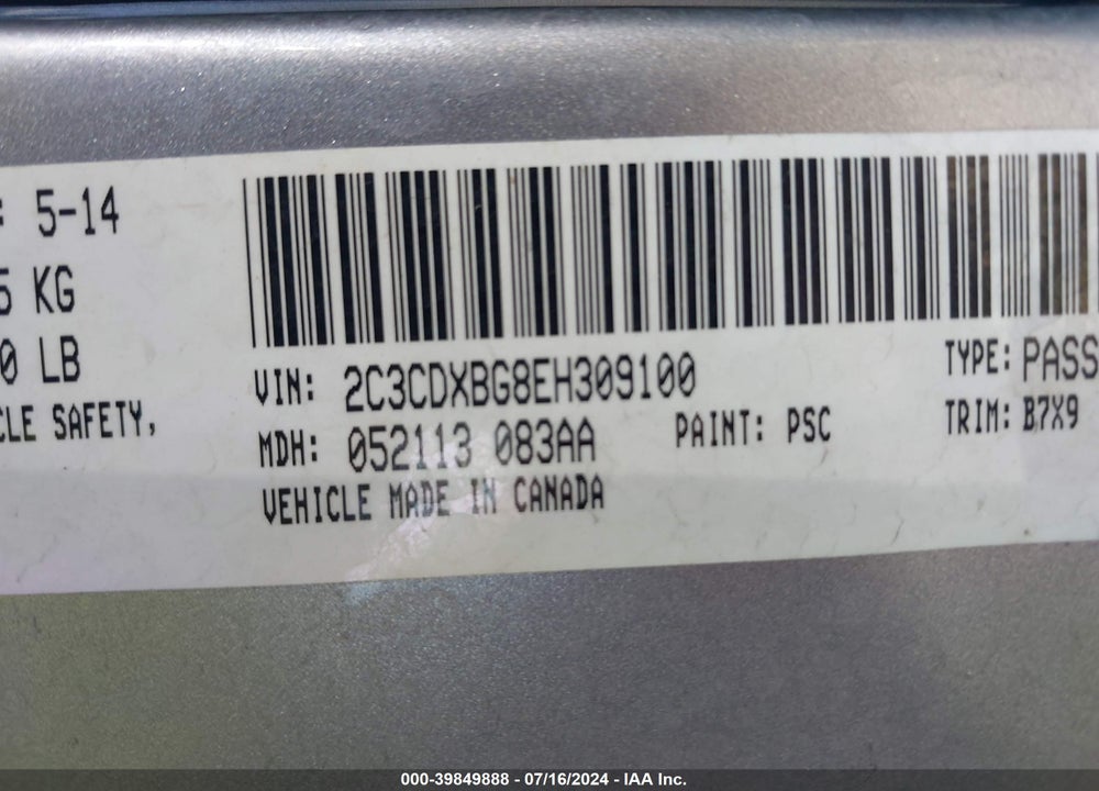 2014 DODGE CHARGER SE VIN: 2C3CDXBG8EH309100