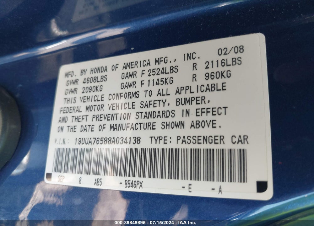 2008 ACURA TL TYPE S VIN: 19UUA76588A034138