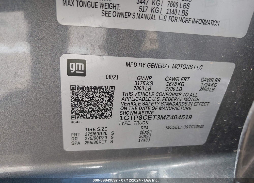 2021 GMC SIERRA 1500 VIN: 1GTP8CET3MZ404519