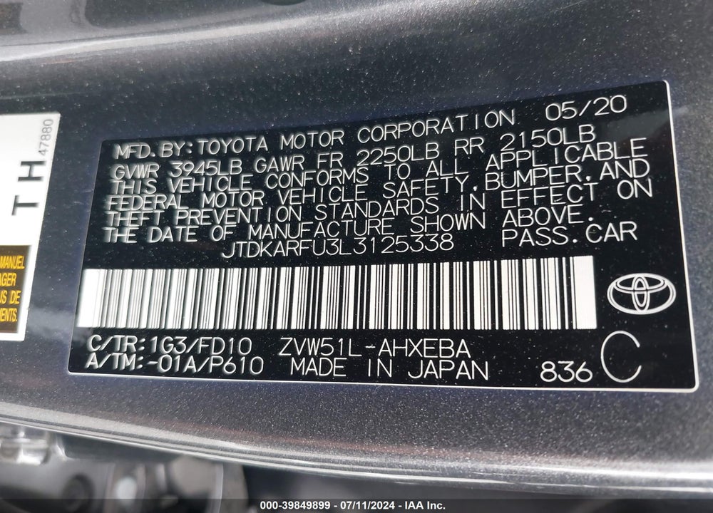 2020 TOYOTA PRIUS LE VIN: JTDKARFU3L3125338