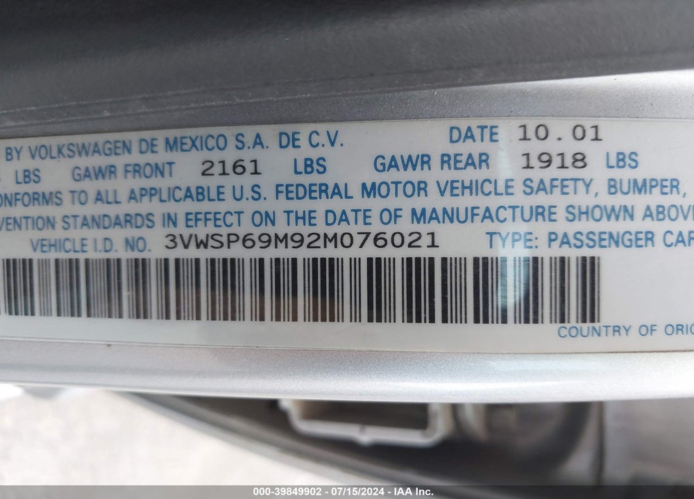 2002 VOLKSWAGEN JETTA GLS TDI VIN: 3VWSP69M92M076021
