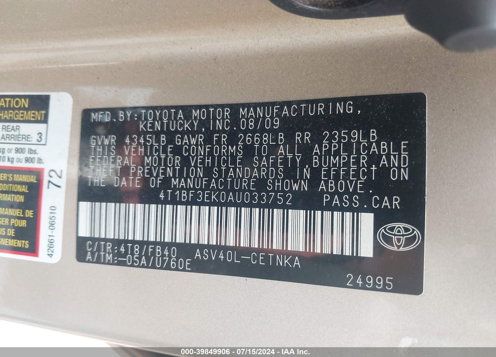 2010 TOYOTA CAMRY LE VIN: 4T1BF3EK0AU033752