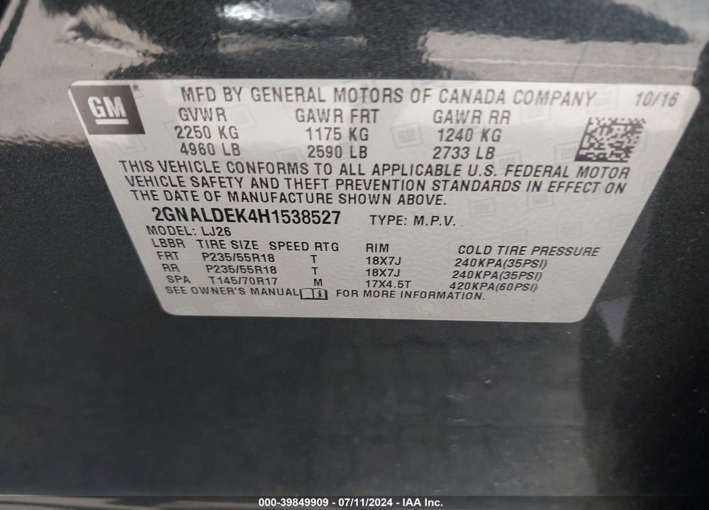 2017 CHEVROLET EQUINOX PREMIER VIN: 2GNALDEK4H1538527