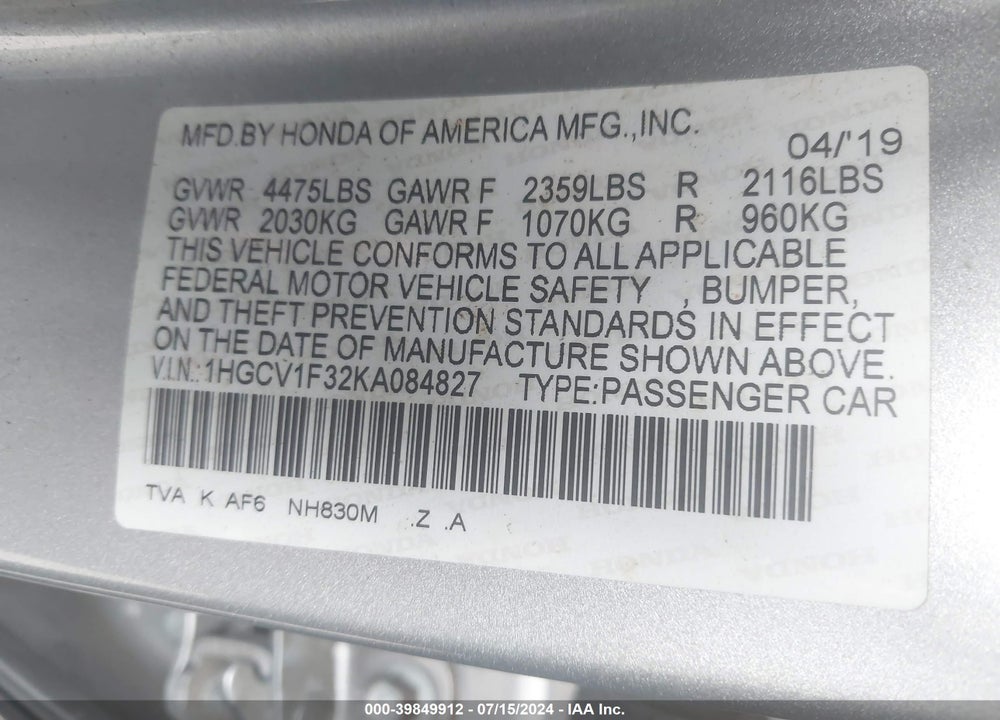 2019 HONDA ACCORD SPORT VIN: 1HGCV1F32KA084827