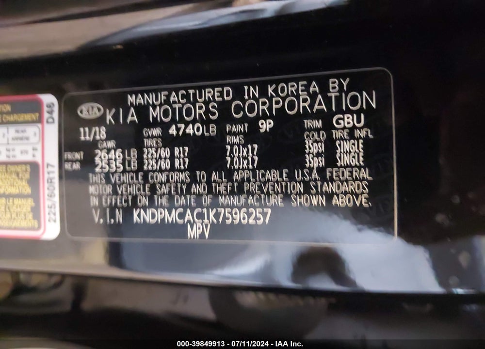 2019 KIA SPORTAGE LX VIN: KNDPMCAC1K7596257