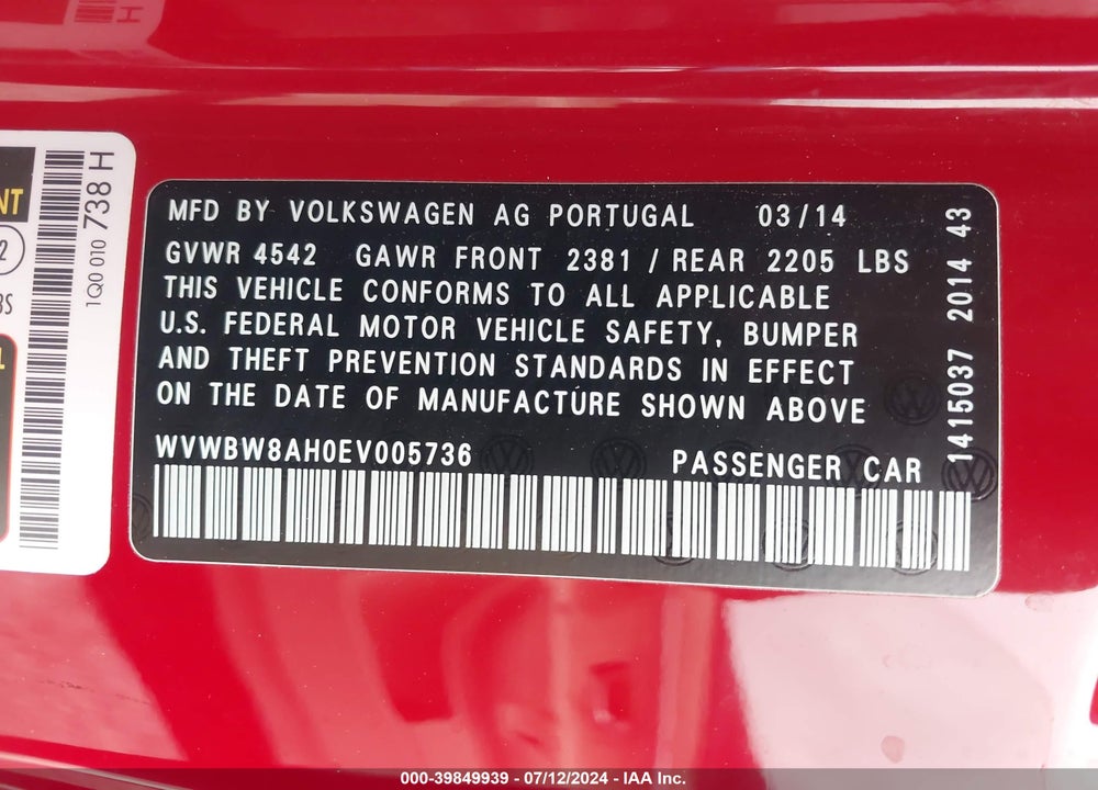 2014 VOLKSWAGEN EOS KOMFORT VIN: WVWBW8AH0EV005736