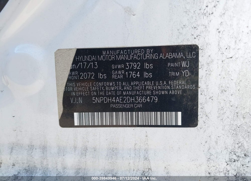 2013 HYUNDAI ELANTRA GLS VIN: 5NPDH4AE2DH366479