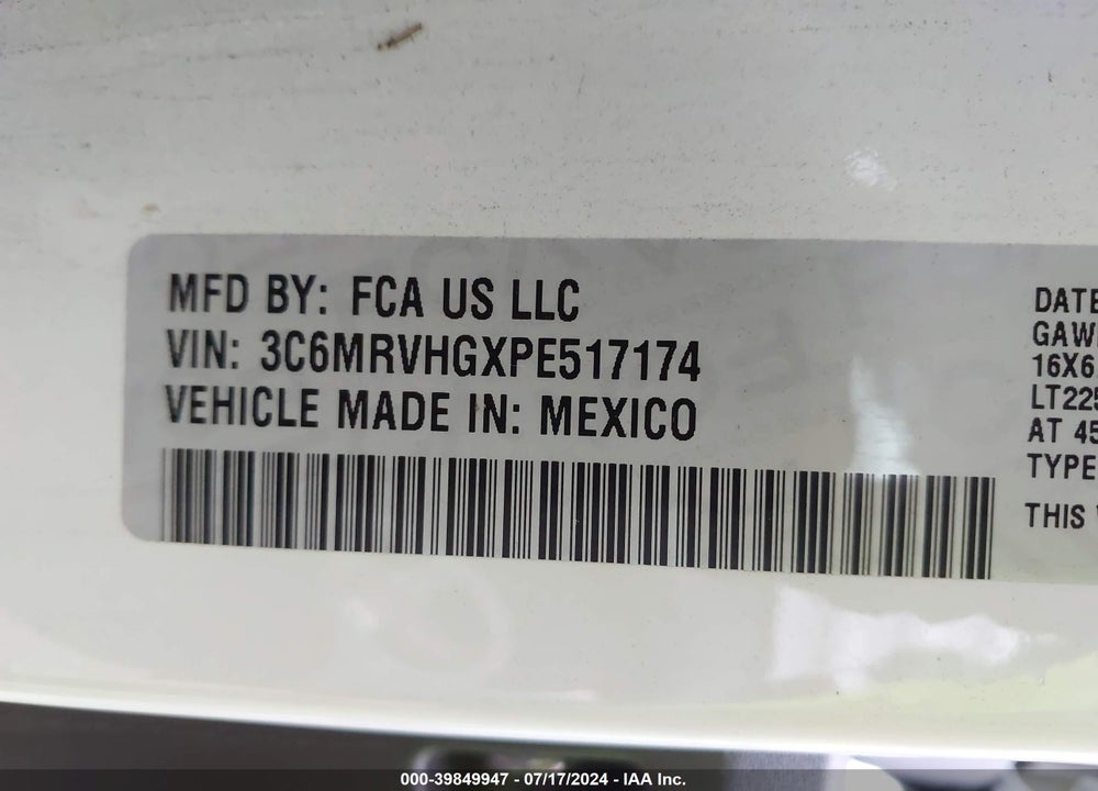 2023 RAM PROMASTER 3500 HIGH ROOF 159 WB VIN: 3C6MRVHGXPE517174