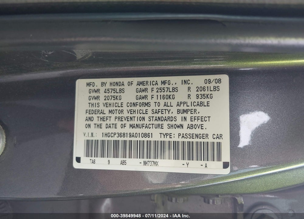 2009 HONDA ACCORD 3.5 EX-L VIN: 1HGCP36819A010861