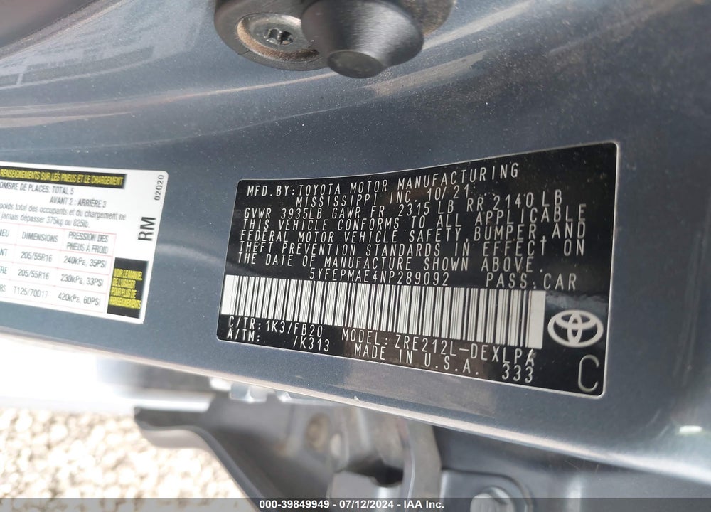 2022 TOYOTA COROLLA LE VIN: 5YFEPMAE4NP289092