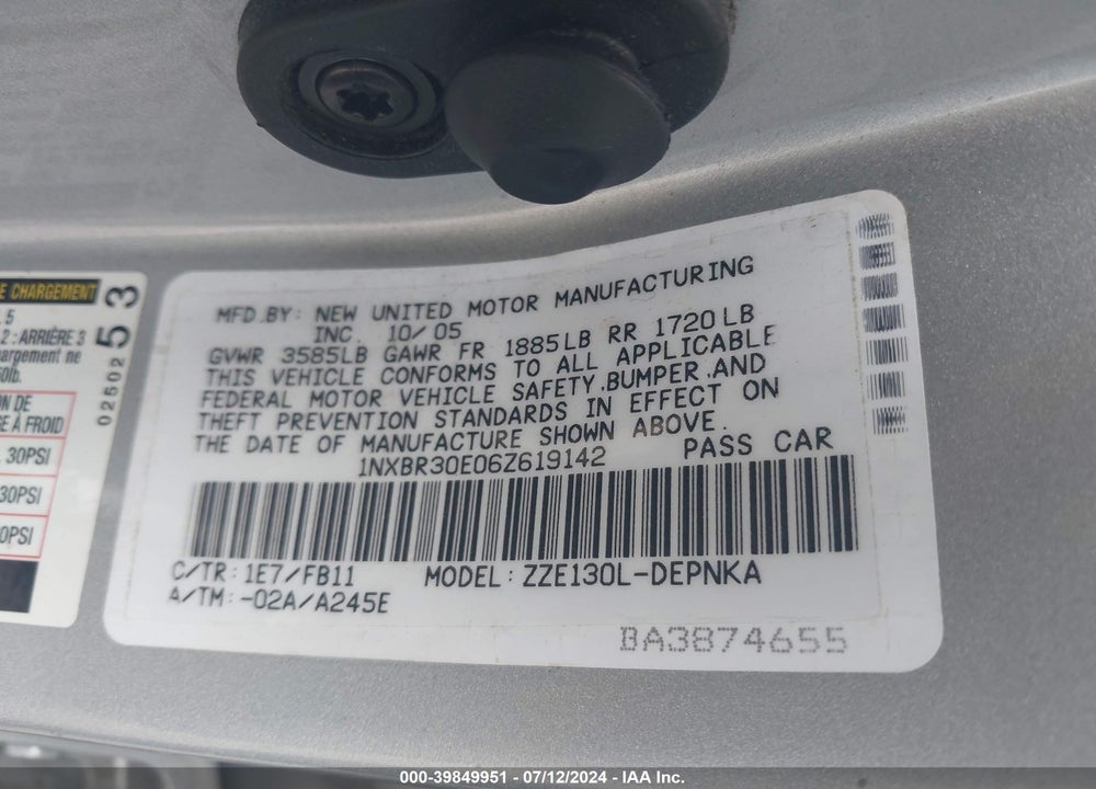 2006 TOYOTA COROLLA LE VIN: 1NXBR30E06Z619142