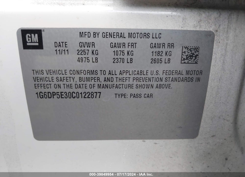 2012 CADILLAC CTS PREMIUM VIN: 1G6DP5E30C0122877