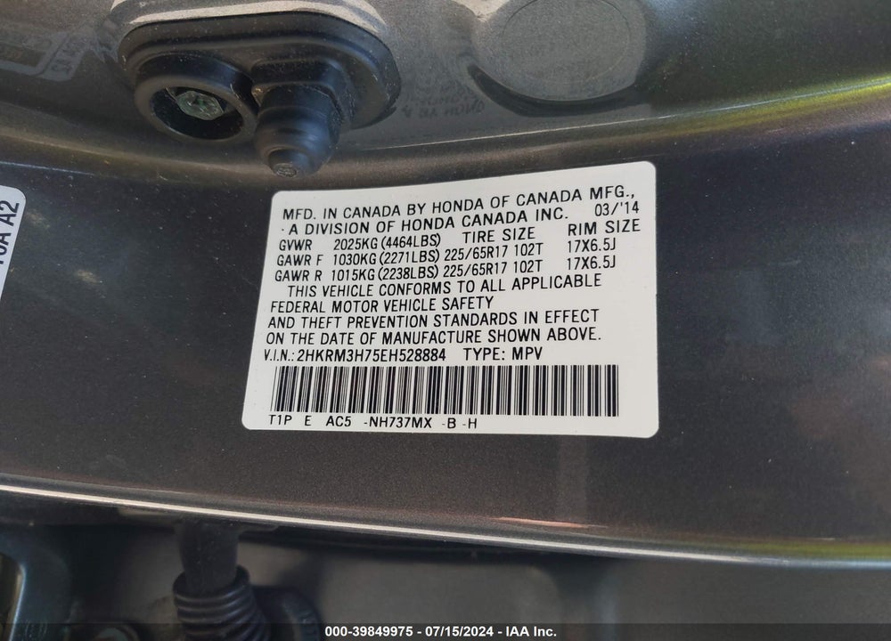 2014 HONDA CR-V EX-L VIN: 2HKRM3H75EH528884