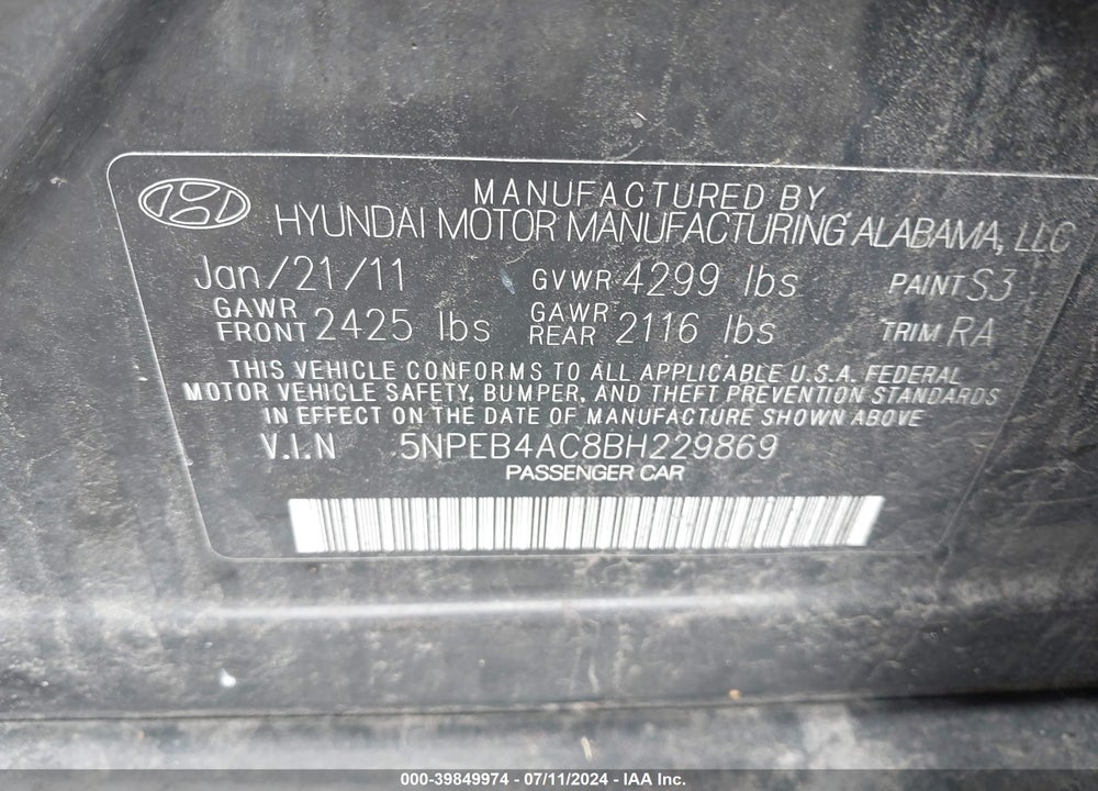 2011 HYUNDAI SONATA GLS VIN: 5NPEB4AC8BH229869