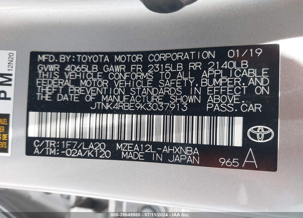 2019 TOYOTA COROLLA XSE VIN: JTNK4RBE9K3037913