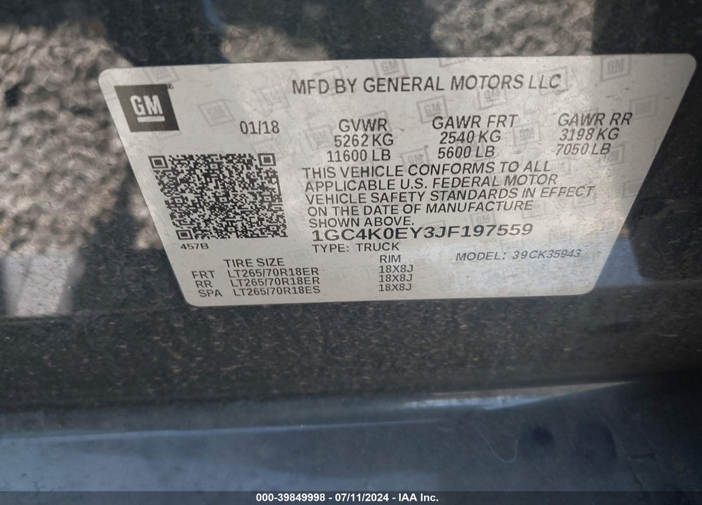 2018 CHEVROLET SILVERADO 3500HD LTZ VIN: 1GC4K0EY3JF197559