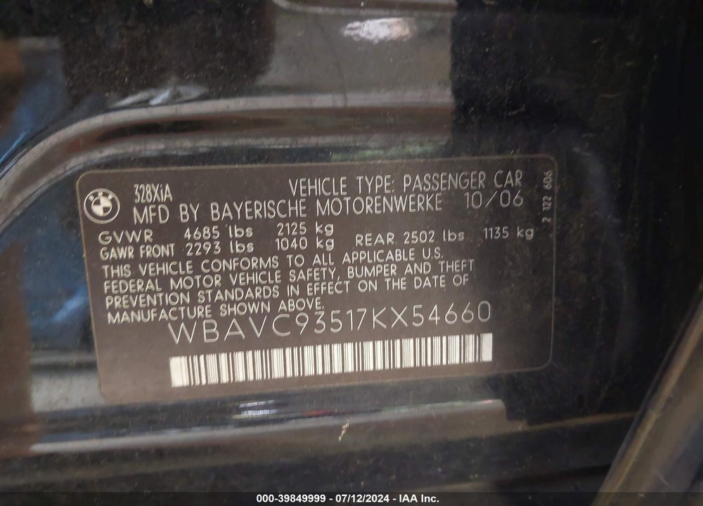 2007 BMW 328XI VIN: WBAVC93517KX54660