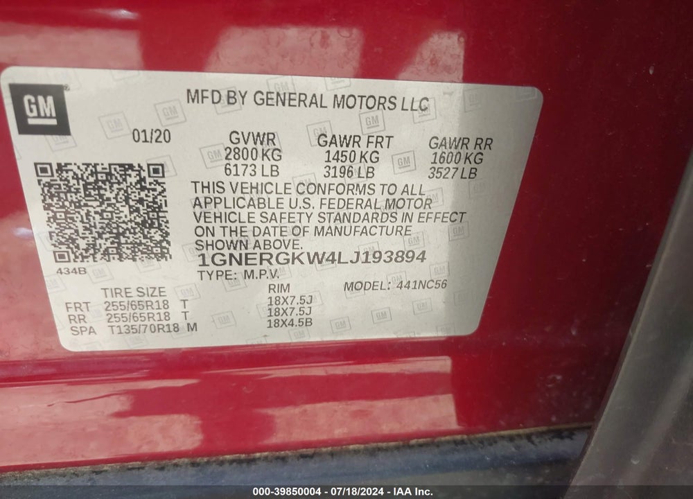 2020 CHEVROLET TRAVERSE FWD LT CLOTH VIN: 1GNERGKW4LJ193894
