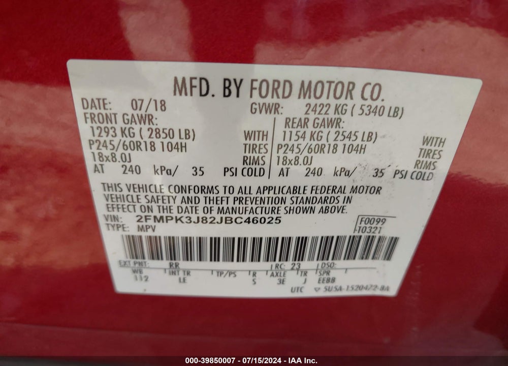 2018 FORD EDGE SEL VIN: 2FMPK3J82JBC46025
