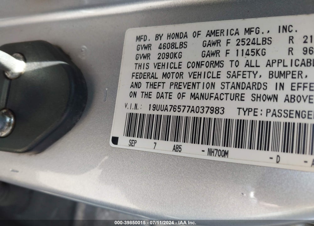 2007 ACURA TL TYPE S VIN: 19UUA76577A037983