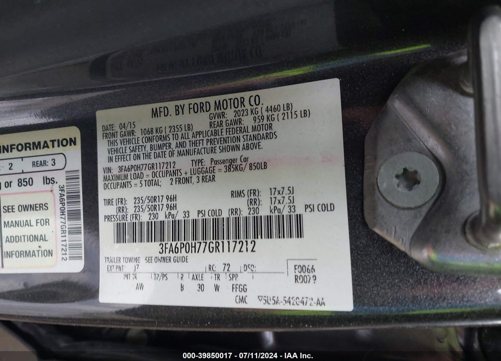 2016 FORD FUSION SE VIN: 3FA6P0H77GR117212
