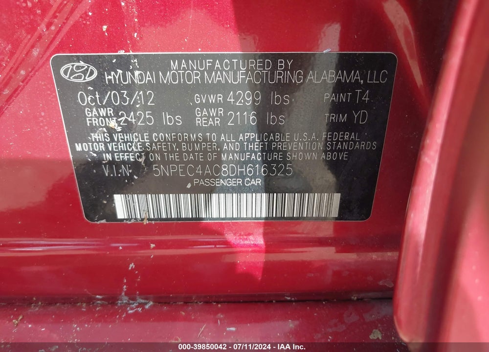 2013 HYUNDAI SONATA LIMITED VIN: 5NPEC4AC8DH616325