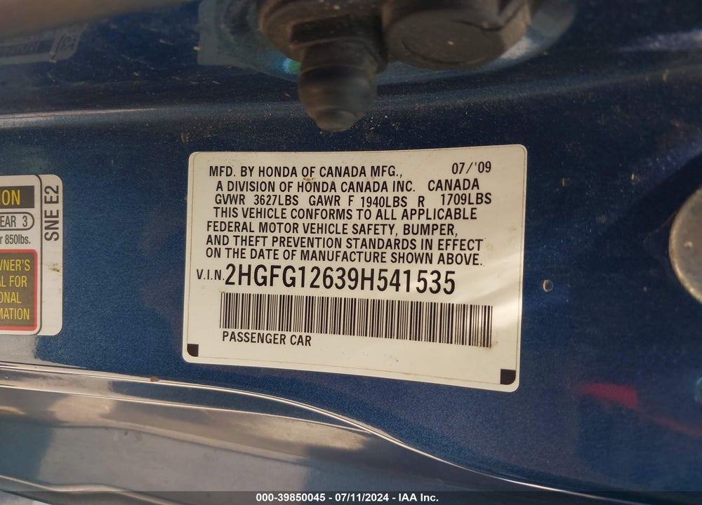 2009 HONDA CIVIC LX VIN: 2HGFG12639H541535