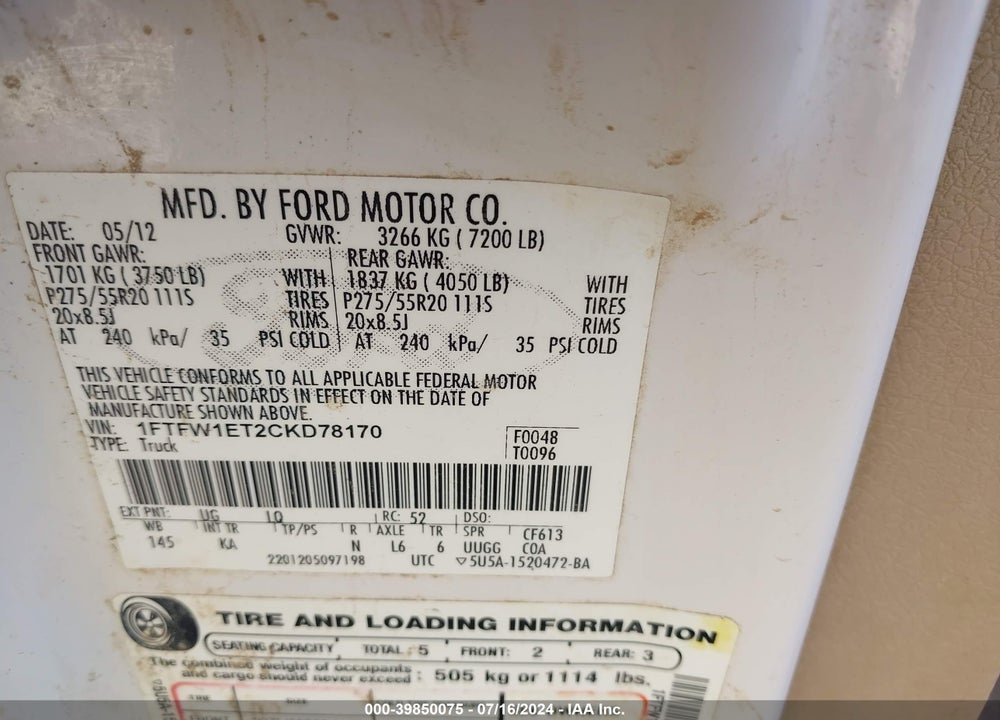 2012 FORD F-150 KING RANCH VIN: 1FTFW1ET2CKD78170
