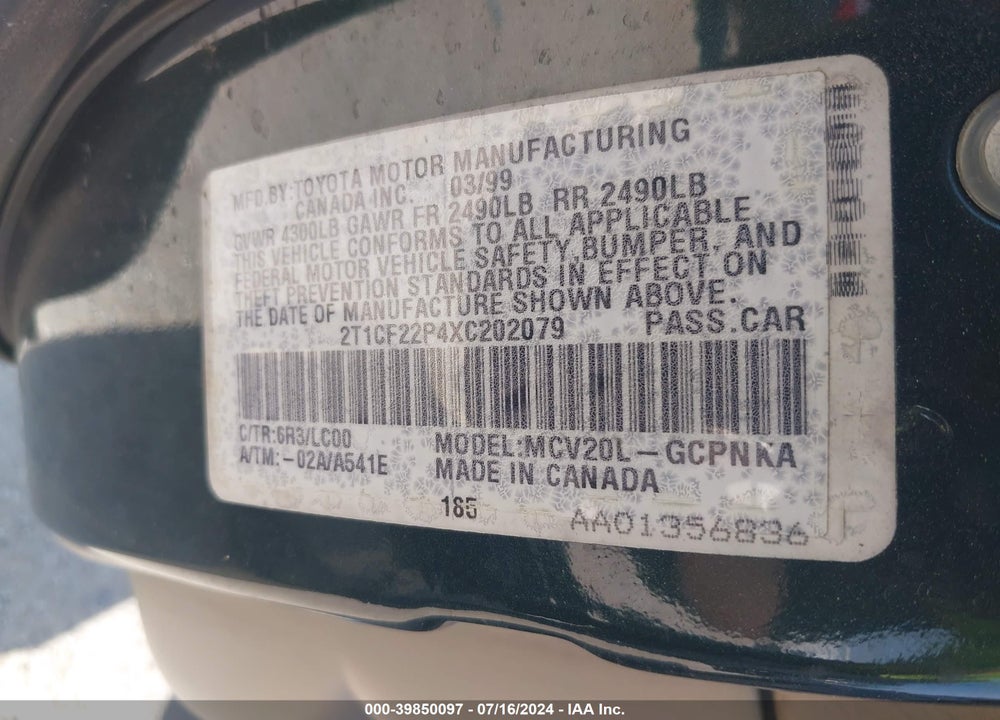 1999 TOYOTA CAMRY SOLARA SLE VIN: 2T1CF22P4XC202079
