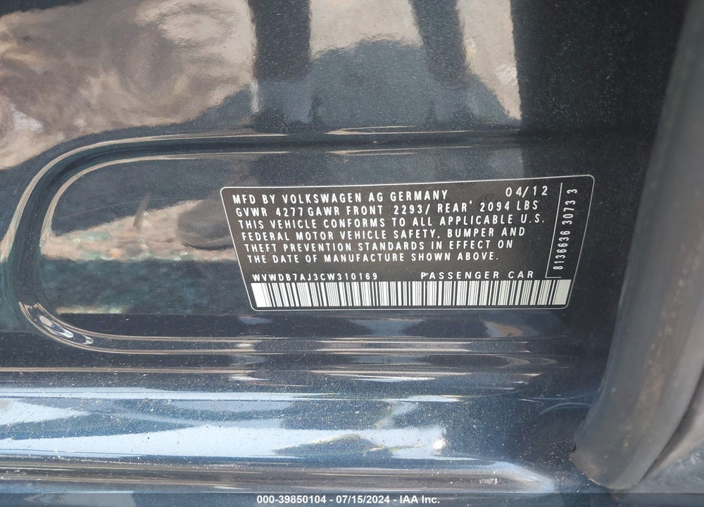 2012 VOLKSWAGEN GOLF 2.5L 4-DOOR VIN: WVWDB7AJ3CW310169