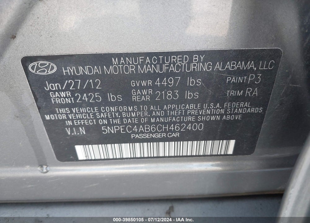 2012 HYUNDAI SONATA LIMITED 2.0T VIN: 5NPEC4AB6CH462400