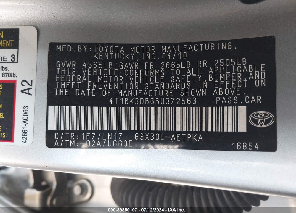 2011 TOYOTA AVALON LIMITED VIN: 4T1BK3DB6BU372563