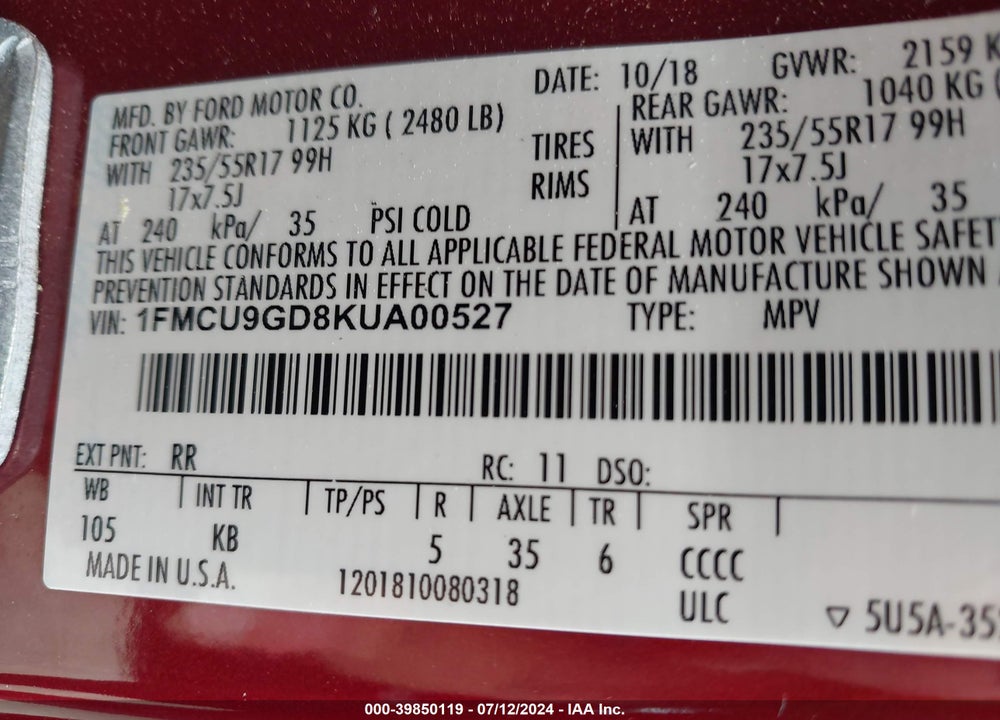 2019 FORD ESCAPE SE VIN: 1FMCU9GD8KUA00527