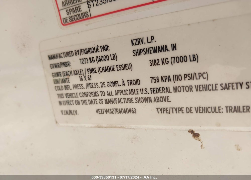 2024 TRAILER K-Z INC DURANGO GOLD FIFTH WHEEL S VIN: 4EZFV4327R6060463