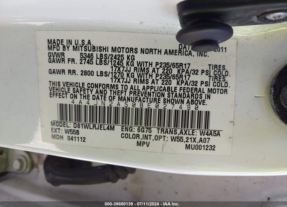 2011 MITSUBISHI ENDEAVOR SE VIN: 4A4JN2AS0BE027490