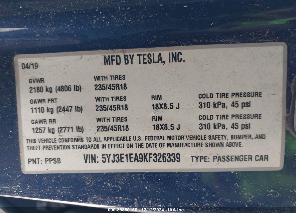 2019 TESLA MODEL 3 LONG RANGE/MID RANGE/STANDARD RANGE/STANDARD RANGE PLUS VIN: 5YJ3E1EA9KF326339