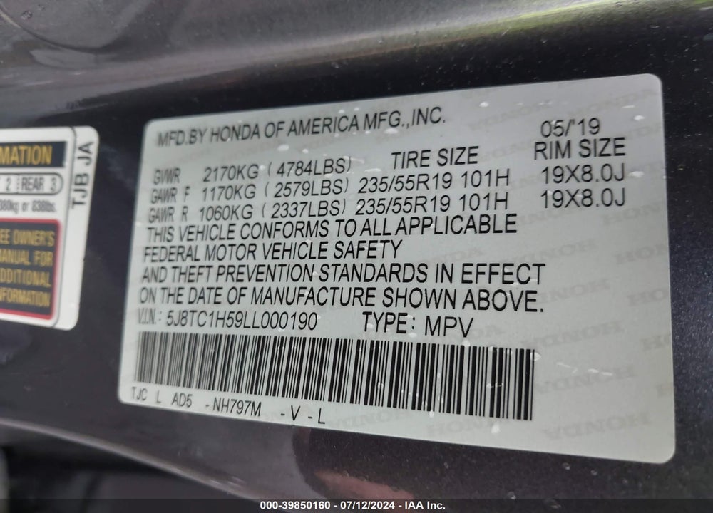 2020 ACURA RDX TECHNOLOGY PACKAGE VIN: 5J8TC1H59LL000190