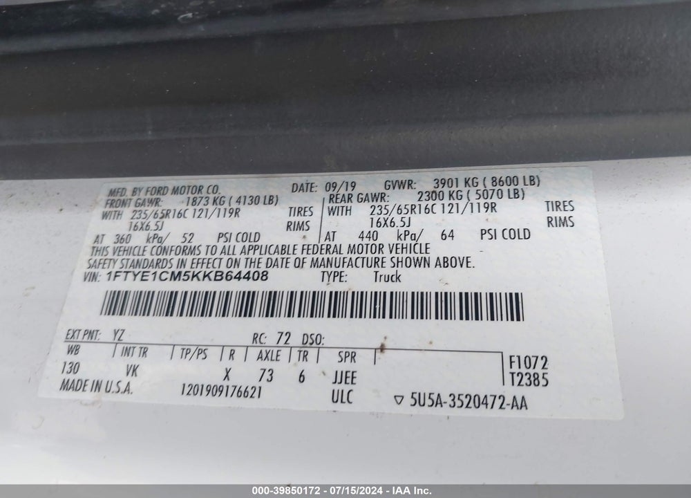 2019 FORD TRANSIT-150 VIN: 1FTYE1CM5KKB64408