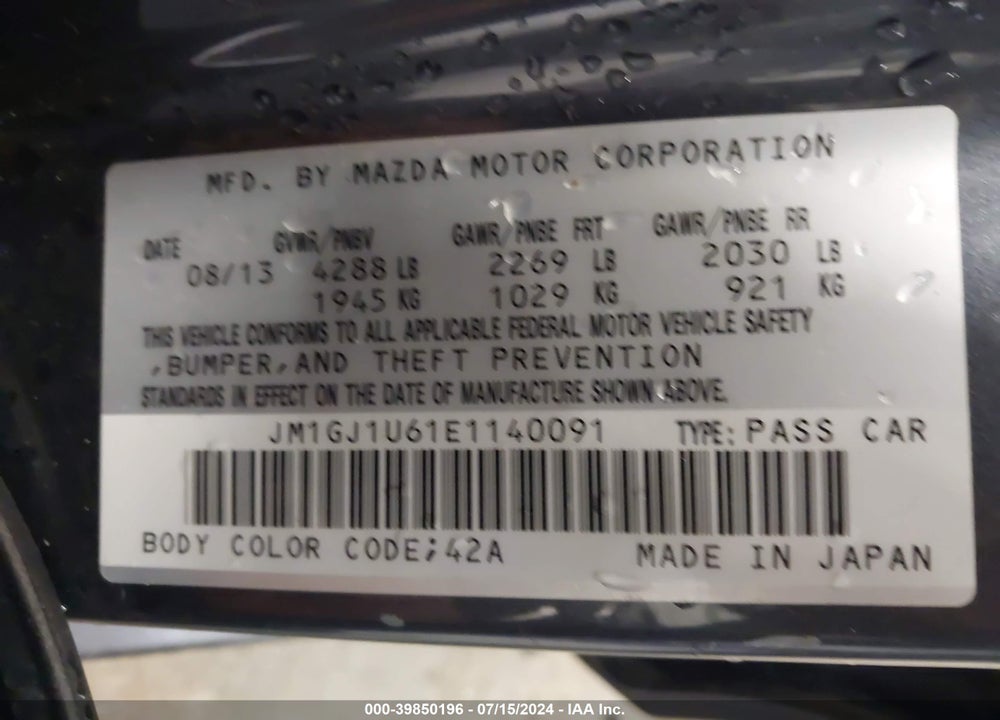 2014 MAZDA 6 I SPORT VIN: JM1GJ1U61E1140091