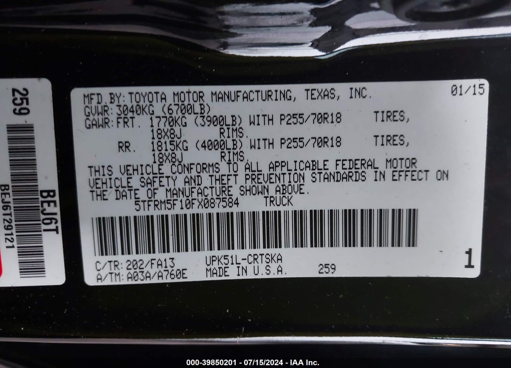 2015 TOYOTA TUNDRA SR 4.6L V8 VIN: 5TFRM5F10FX087584