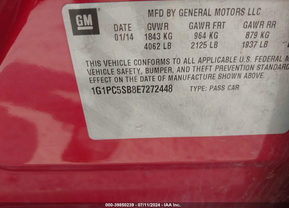 2014 CHEVROLET CRUZE 1LT AUTO VIN: 1G1PC5SB8E7272448