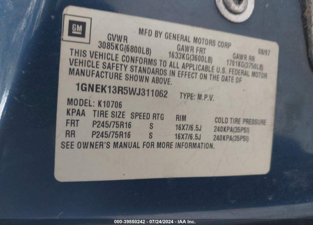 1998 CHEVROLET TAHOE LS VIN: 1GNEK13R5WJ311062