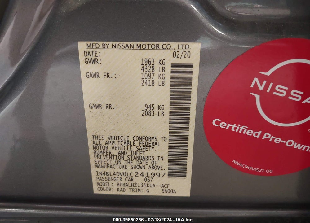 2020 NISSAN ALTIMA SV FWD VIN: 1N4BL4DV0LC241997