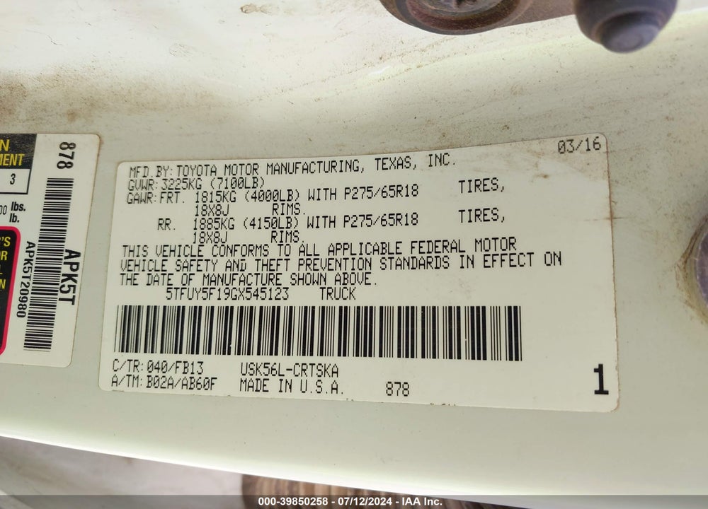 2016 TOYOTA TUNDRA SR5 5.7L V8 VIN: 5TFUY5F19GX545123