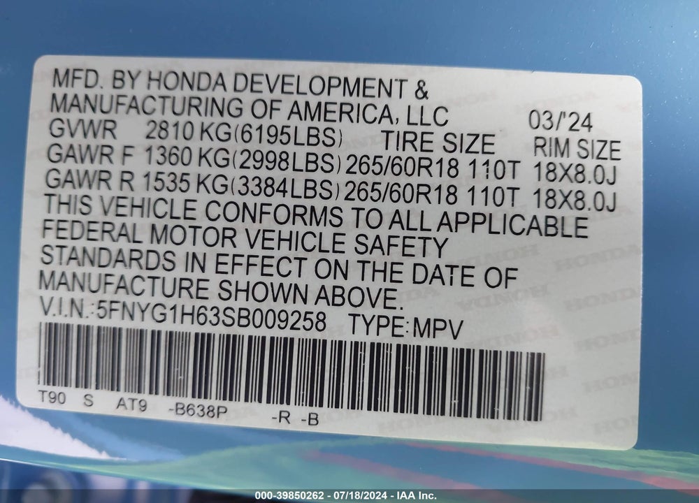 2025 HONDA PILOT AWD TRAILSPORT VIN: 5FNYG1H63SB009258
